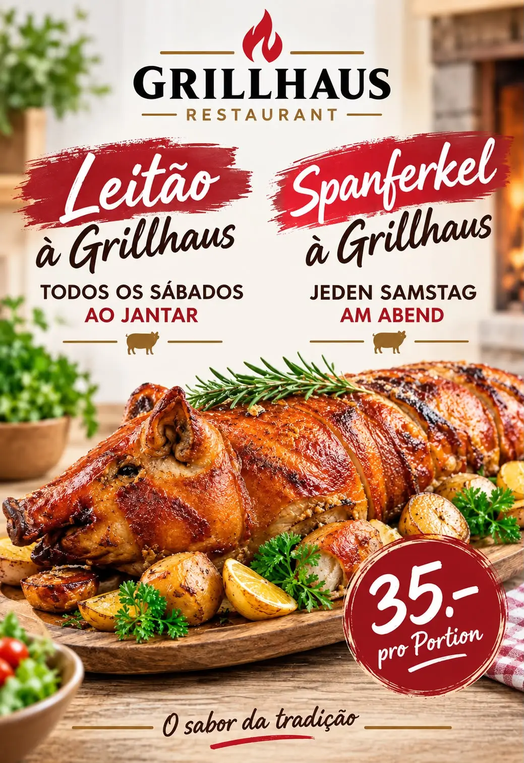 Event Flyer - Jeden Samstagabend und Sonntag Spanferkel für CHF 35.—